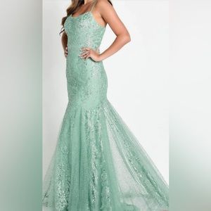 Ellie Wilde EW34045 Lace Up Back Glitter Dress Sage-formal gown,prom dress,fancy
